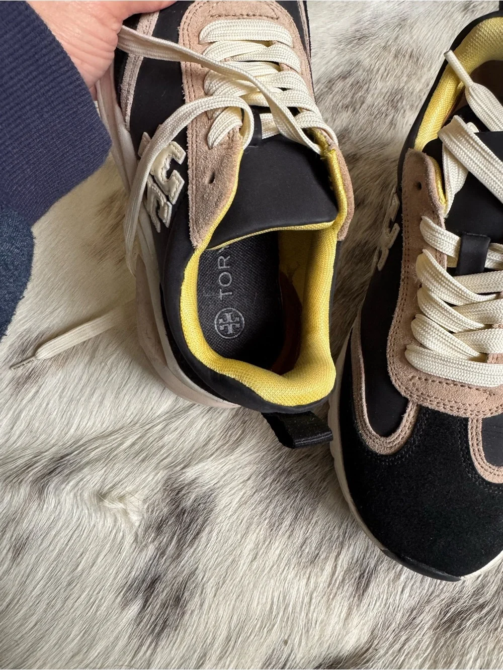 Tory Burch Black, Beige & Yellow Mixed-Material Platform Sneakers